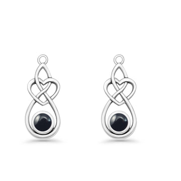 Round Black Onyx Celtic Knot Heart Fishhook Earring 925 Sterling Silver